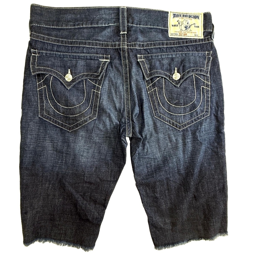 True Religion Shorts Mens 36 Denim Y2K Straight Cut Off W Flaps Frayed Raw Indie - Picture 3 of 8